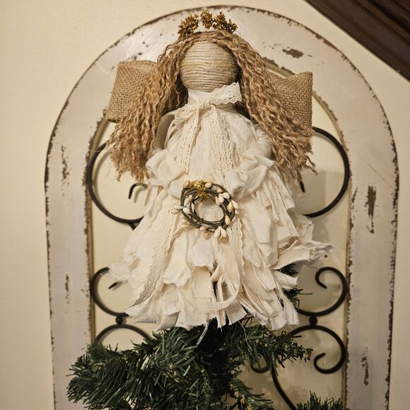 Boho Farmhouse Primitive Cream color Muslin Rag Christmas Angel Tree Topper - Picture 2 of 5